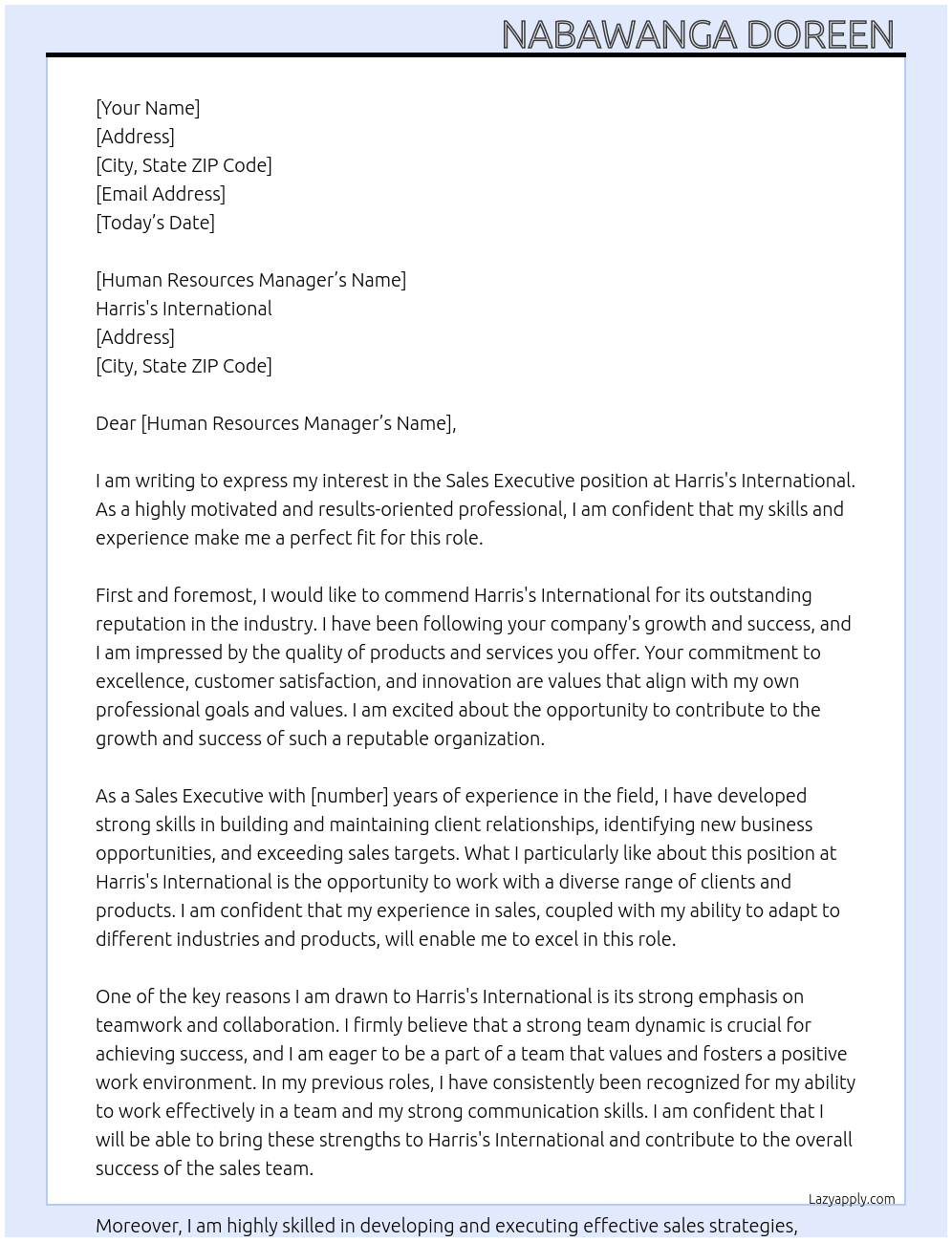 Sales executive  At Harris's international  Cover Letter