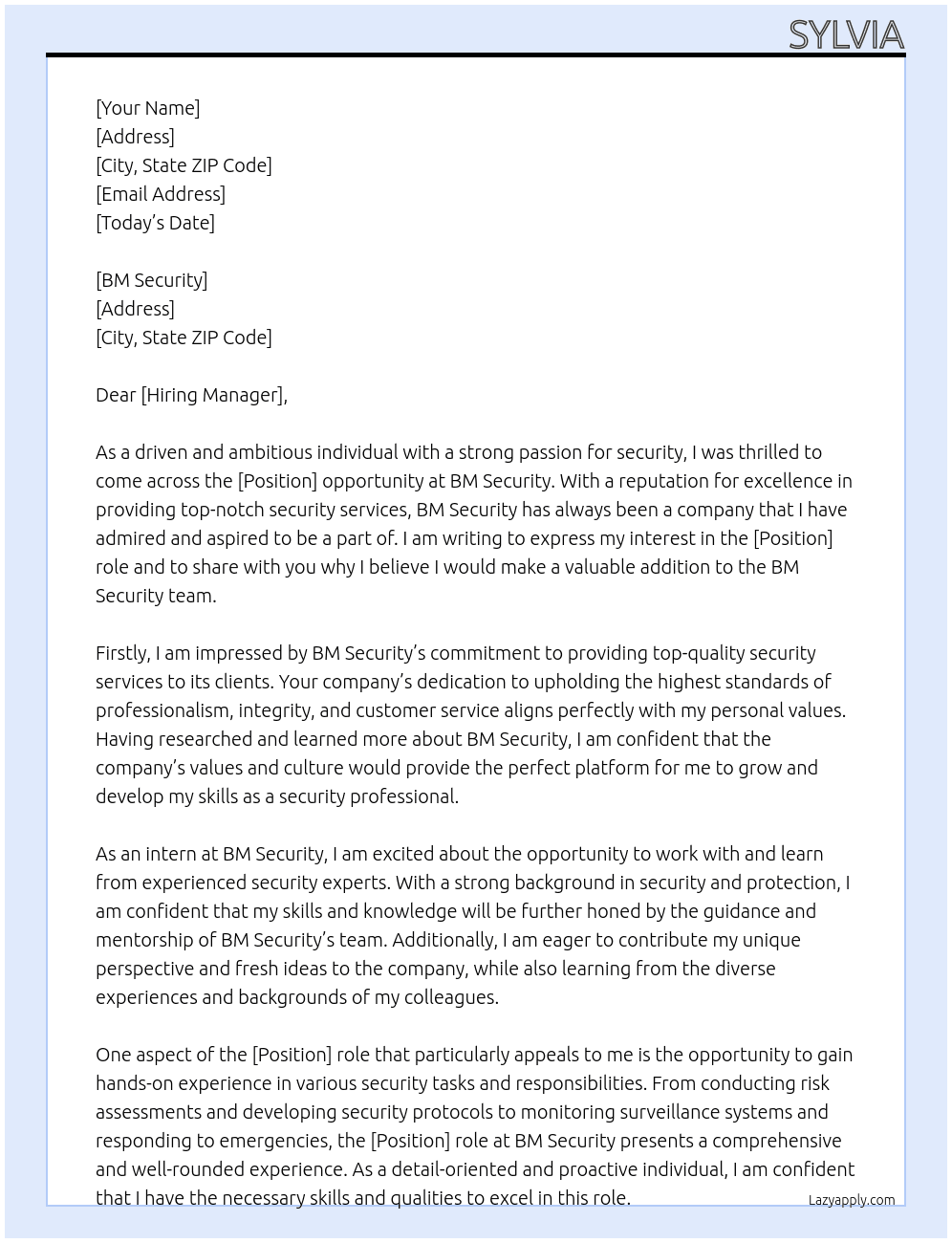 Intern Security Firm At BM Security  Cover Letter