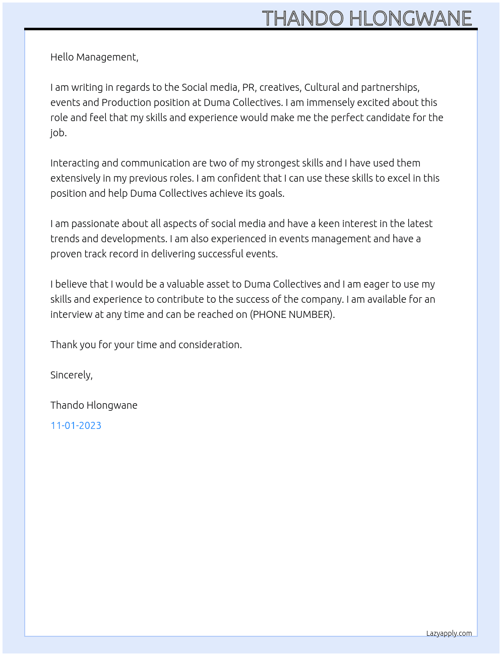 Social media, PR, creatives, Cultural and partnerships, events and Production At Duma Collectives Cover Letter