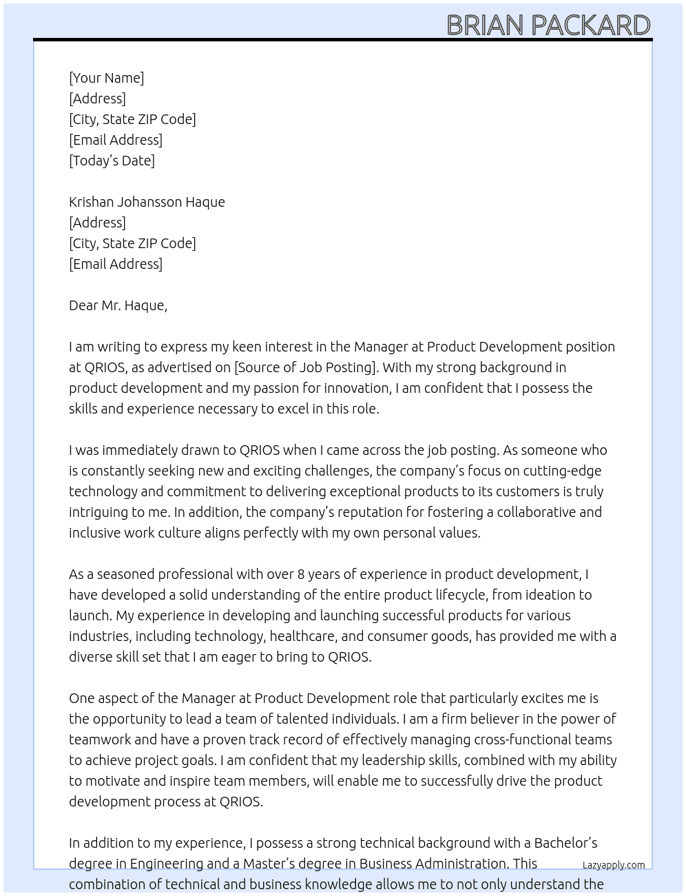 Manager at Product Development At QRIOS Cover Letter