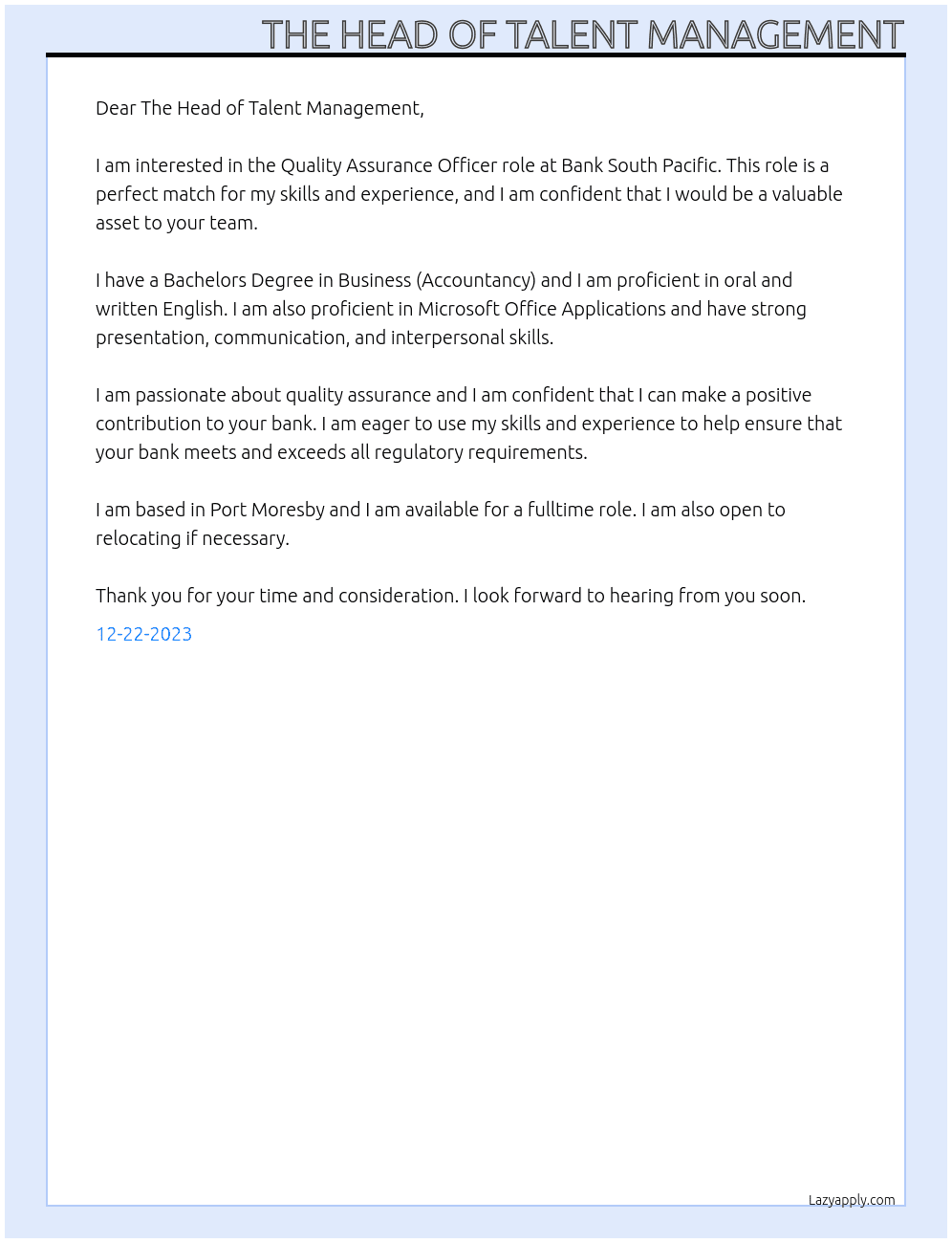 Quality Assurance Officer At Bank South Pacific Cover Letter