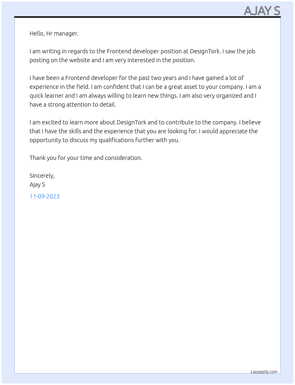 Frontend developer  At DesignTork Cover Letter