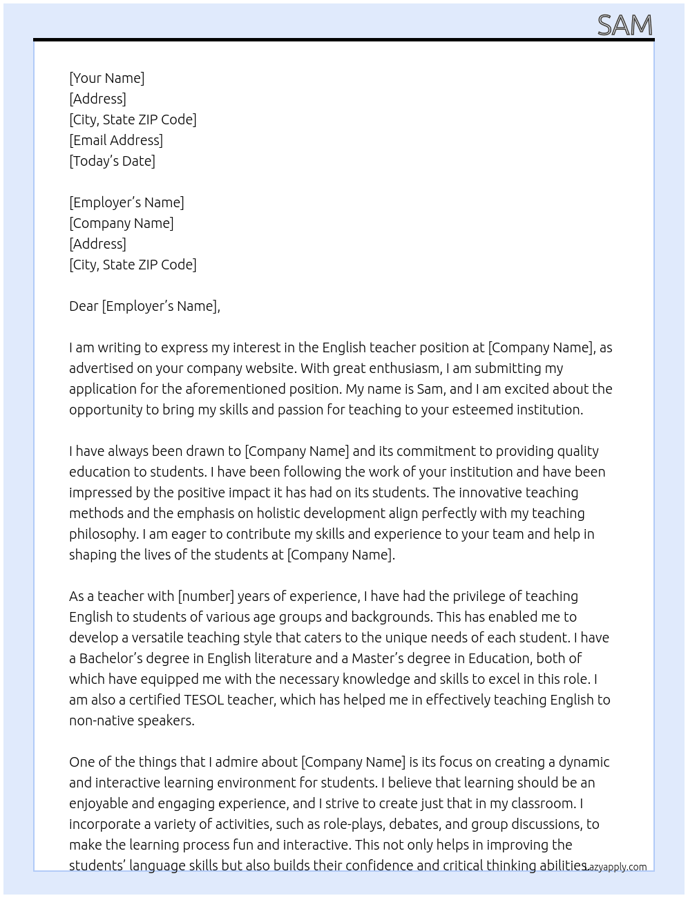 English teacher  At INSERT NAME Cover Letter
