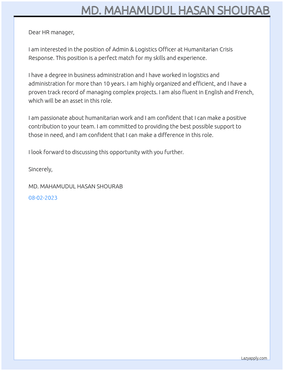 Admin & Logistics Officer At Humanitarian Crisis Response Cover Letter