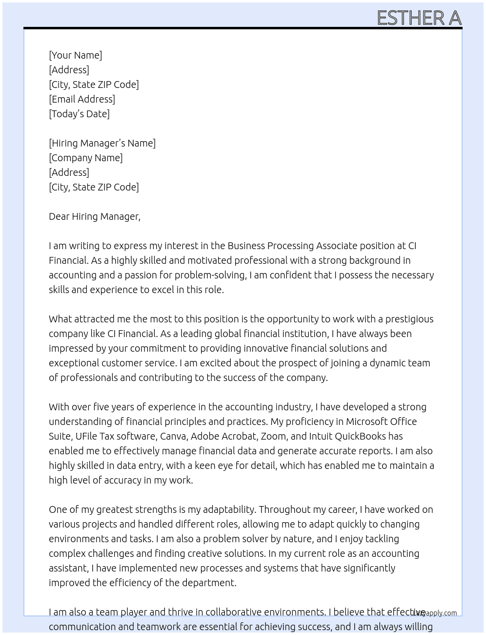 Business Processing associate At CI financial Cover Letter