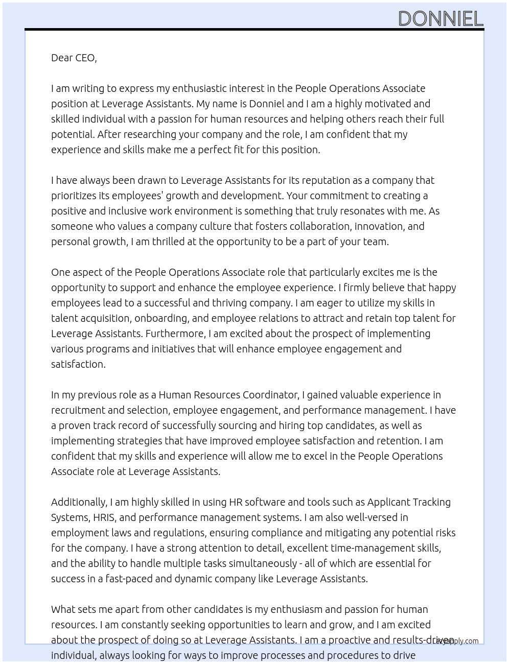 People Operations Associate At Leverage Assistants Cover Letter