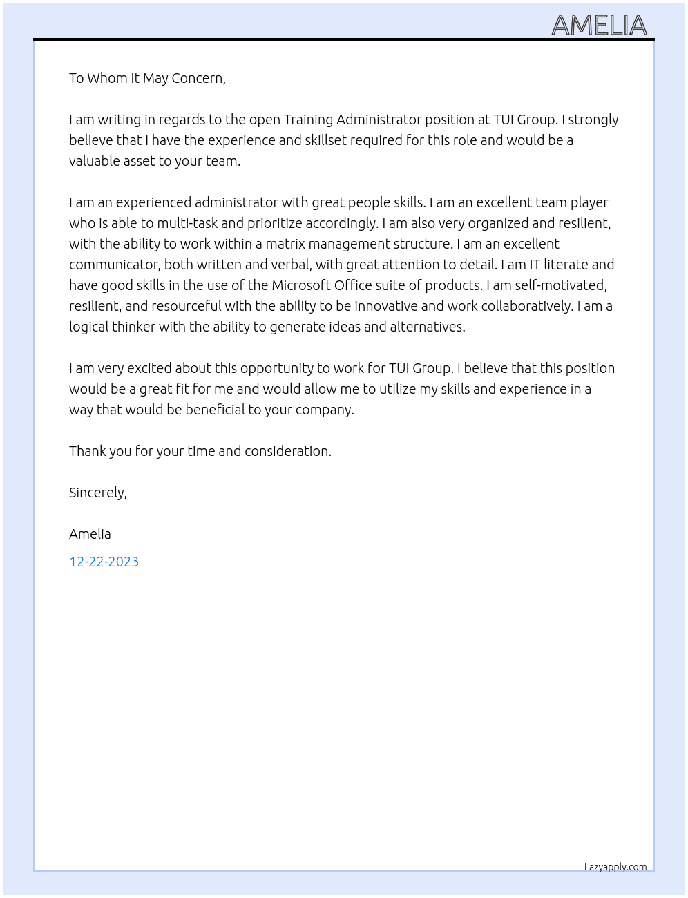 Training administrator At TUI Group Cover Letter