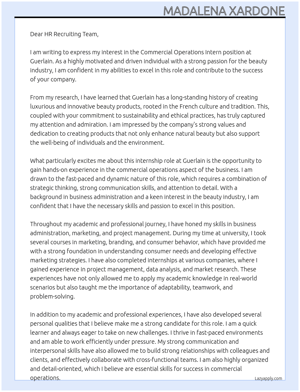 Commercial Operations Intern At Guerlain Cover Letter