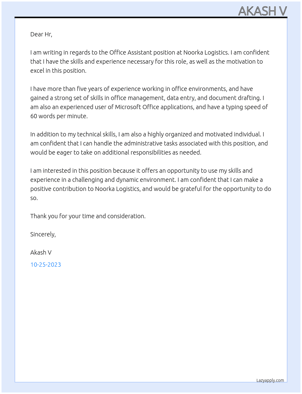 office assistant At noorka logistics  Cover Letter