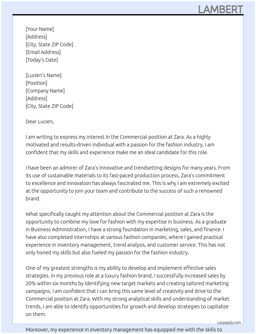 Commercial At Zara Cover Letter