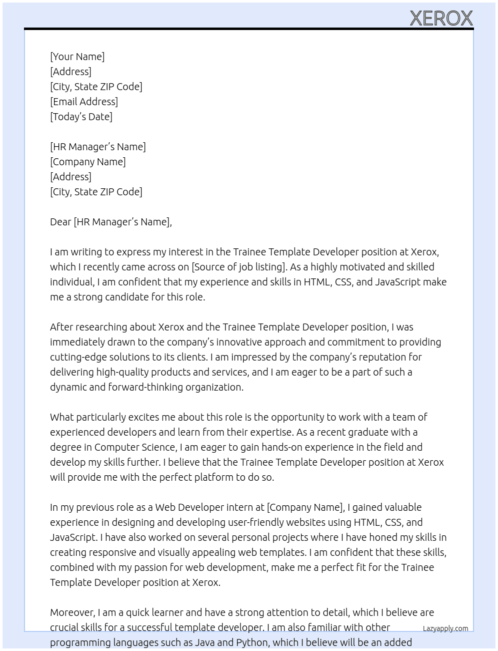 Trainee Template Developer At Xerox Cover Letter