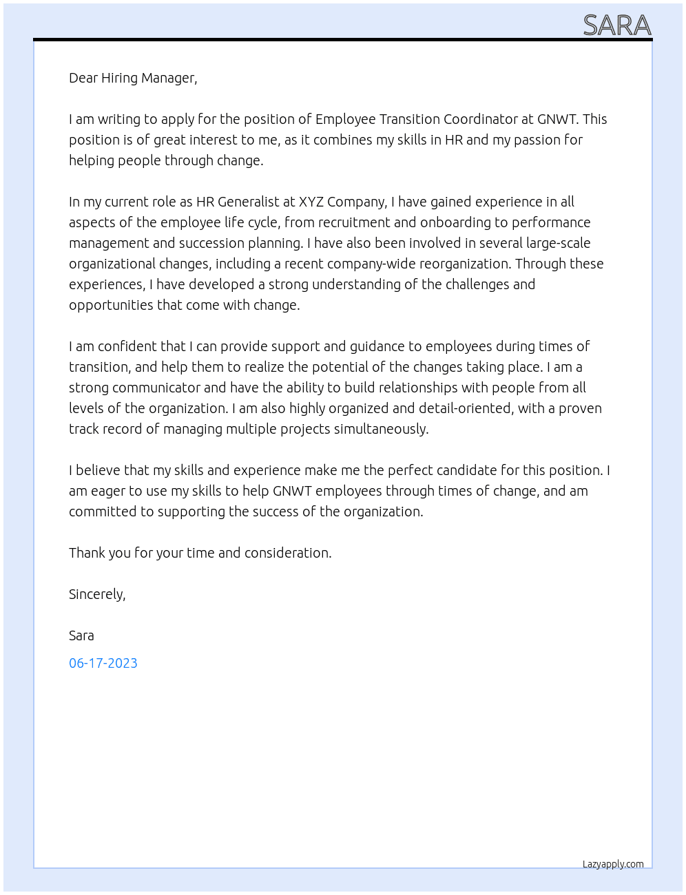Employee Transition Coordinator At GNWT Cover Letter