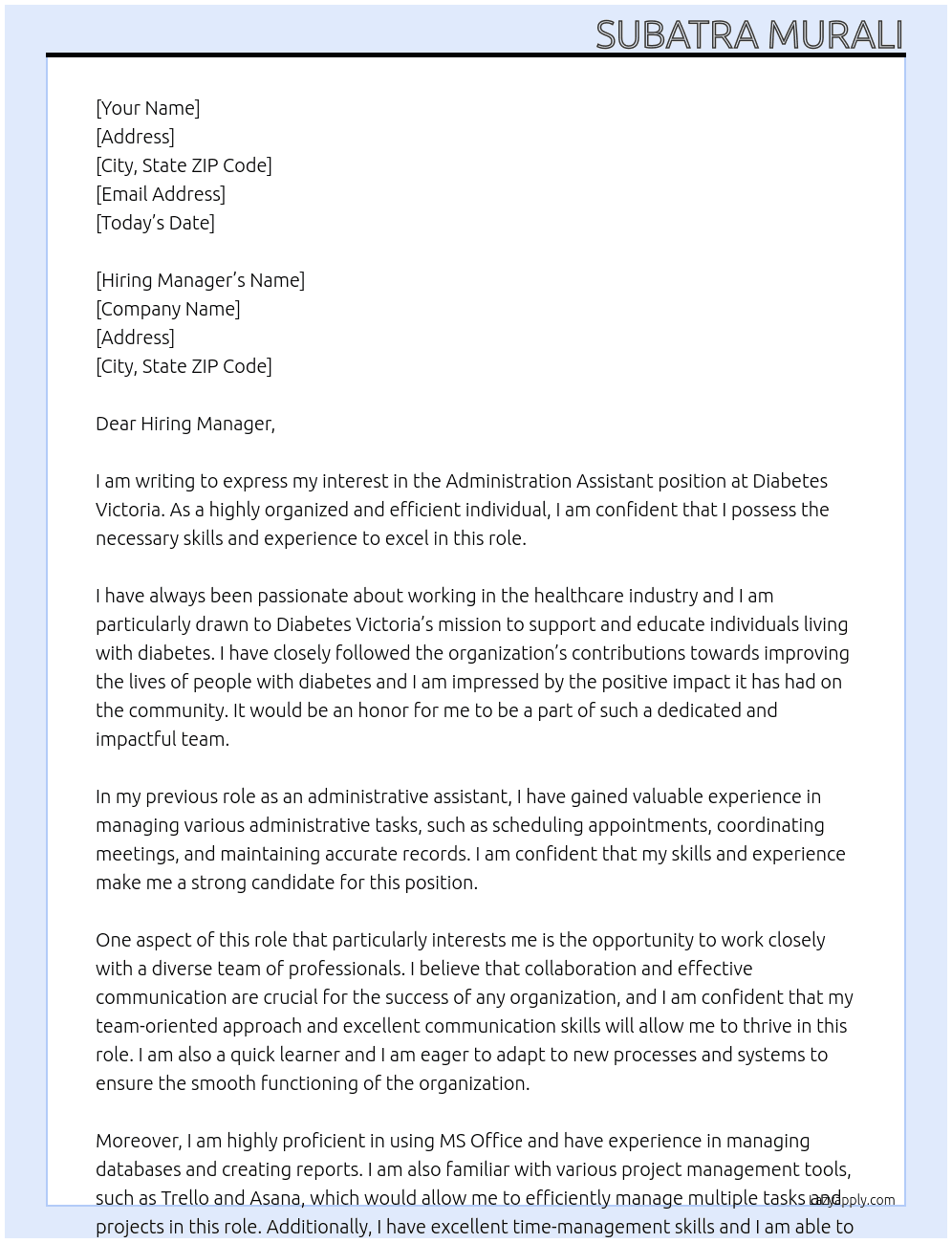 Administration Assistant At Diabetes Victoria Cover Letter