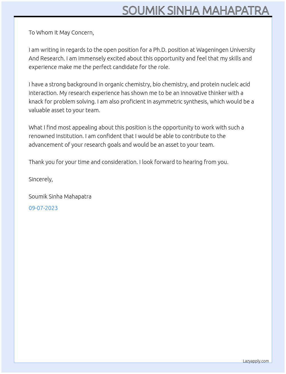 Ph.D  At Wageningen University And Research  Cover Letter