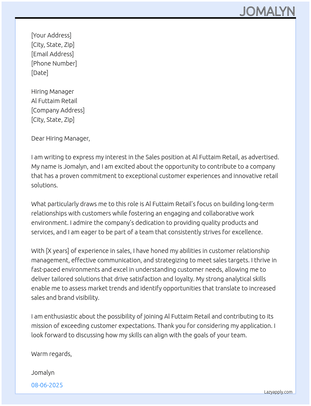 sales At al futtaim retail Cover Letter
