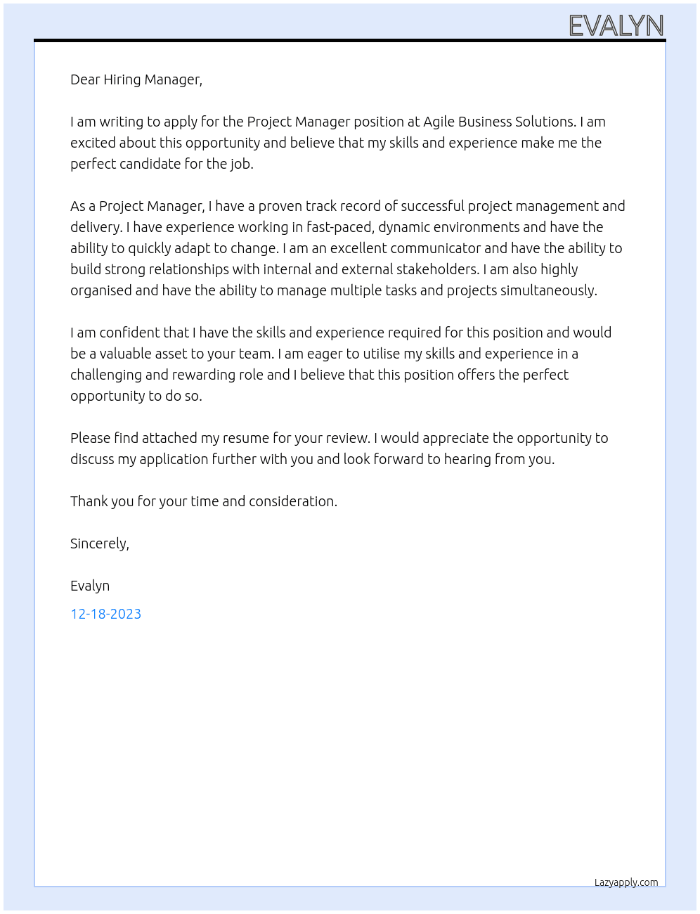 PROJECT MANAGER At AGILE BUSINESS SOLUTIONS Cover Letter