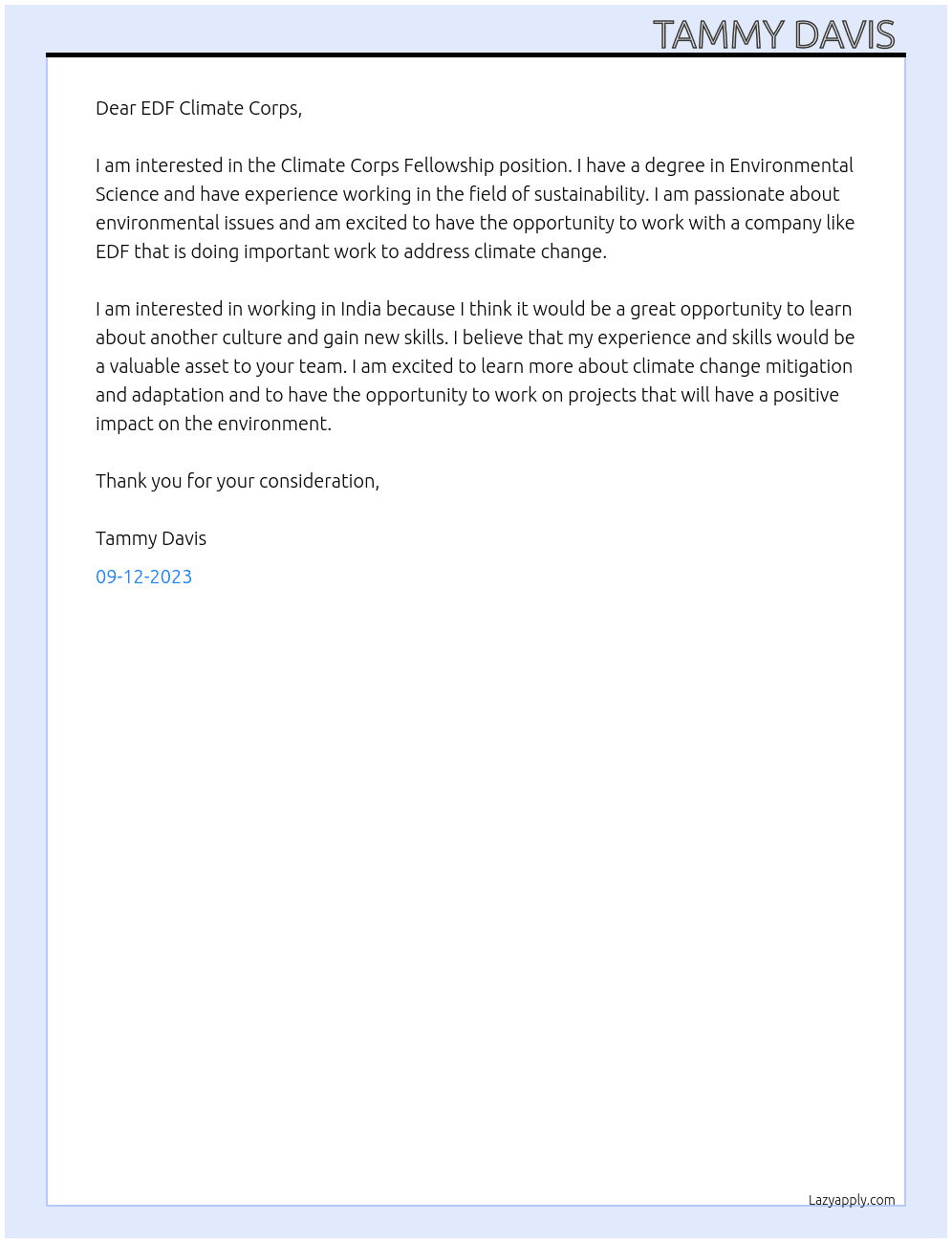 Climate Corps Fellowship At EDF Climate Corps Cover Letter