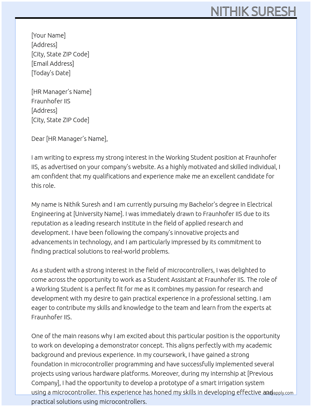 Working Student At Fraunhofer IIS Cover Letter