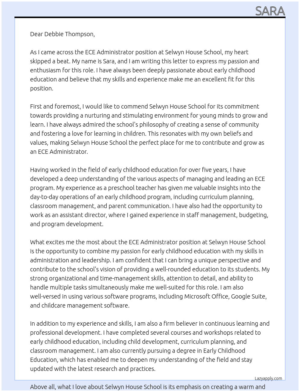 ECE Administrator At Selwyn House School Cover Letter