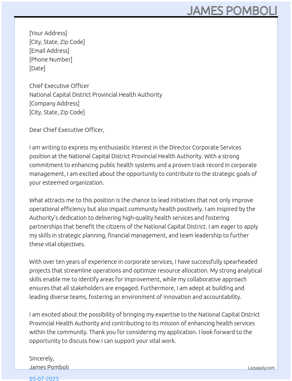 Cover letter for director corporate services - LazyApply