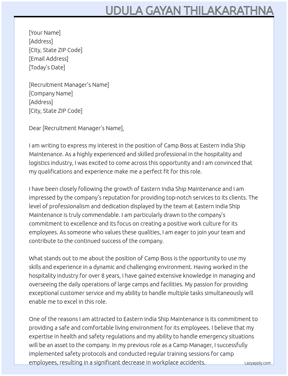 camp boss At Eastern India Ship Maintenance Cover Letter