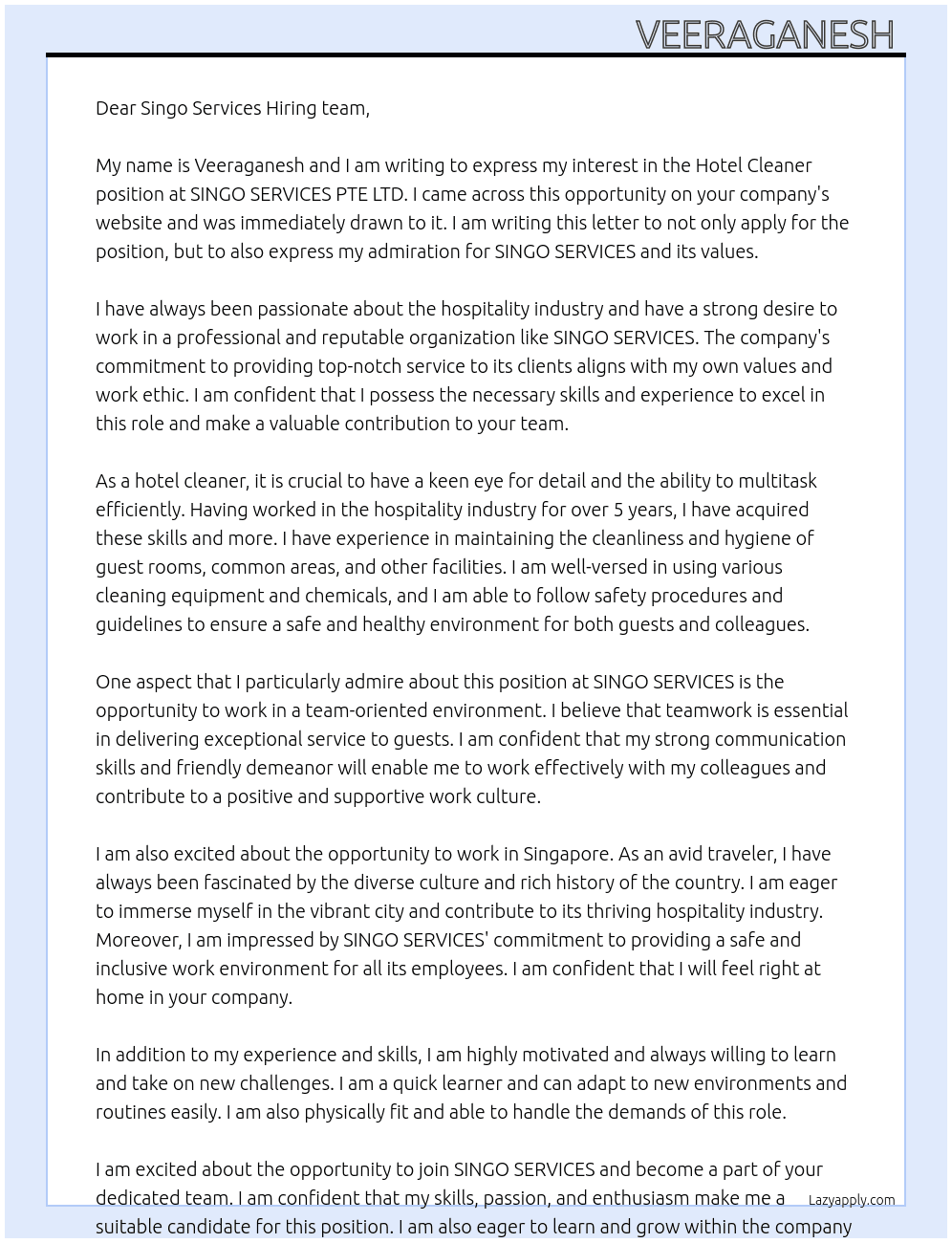 Hotel cleaner At SINGO SERVICES PTE LTD Cover Letter