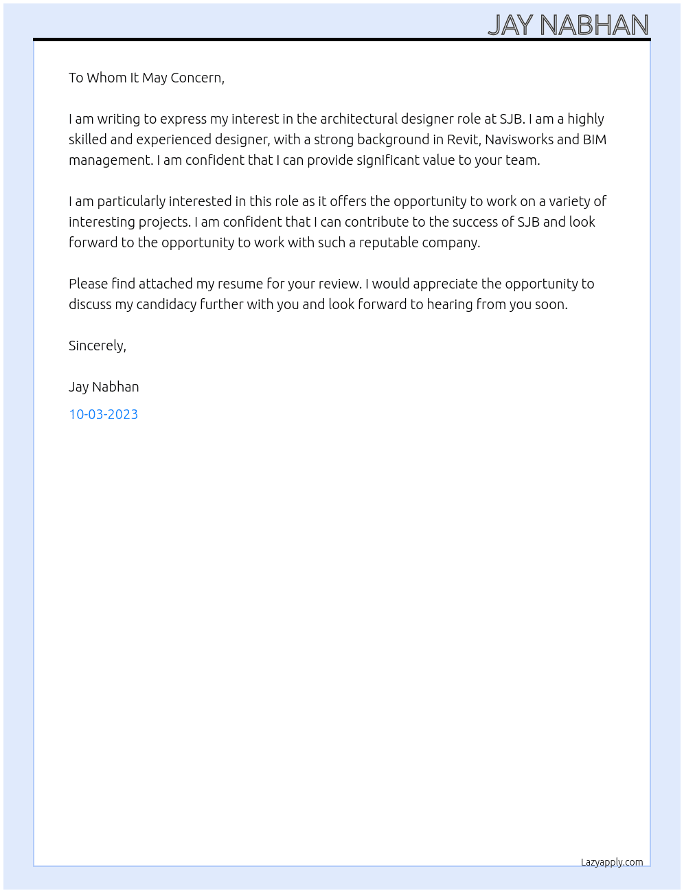 ARCHITECTURAL DESIGNER At SJB Cover Letter