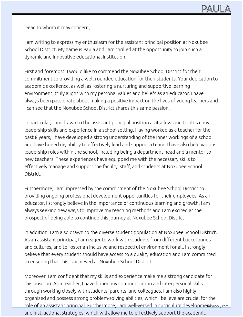 assistant principal At Noxubee School District Cover Letter