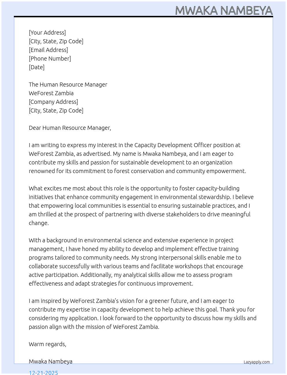 Capacity Development Officer  At WeForest Zambia Cover Letter