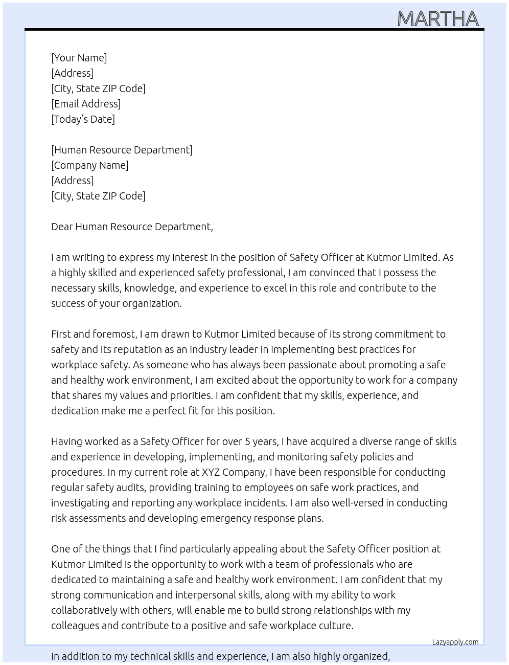 Safety Officer  At Kutmor Limited  Cover Letter