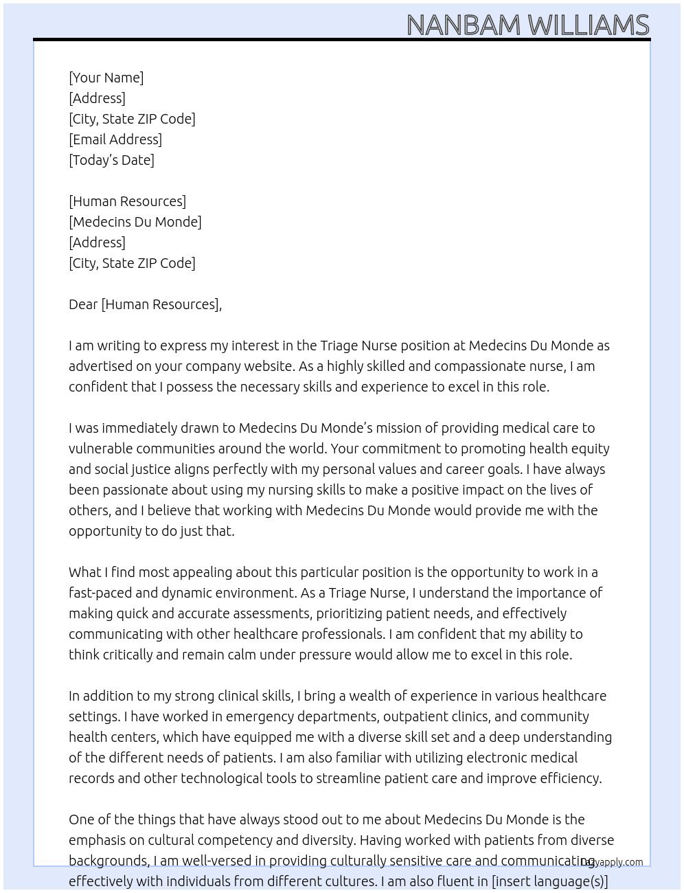 Triage Nurse  At Medecins Du Monde Cover Letter