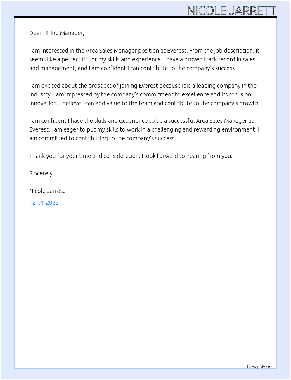 Area sales manager At Everest Cover Letter