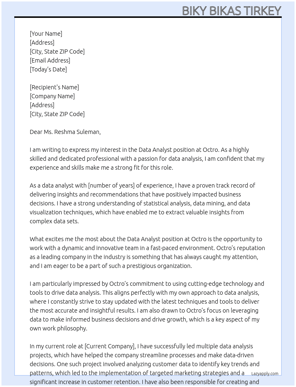 Data Analyst  At Octro Cover Letter