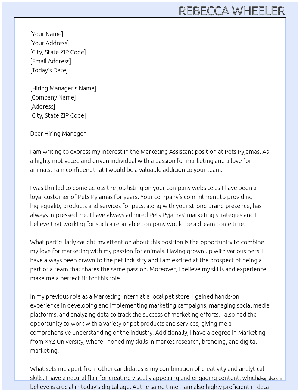 Marketing Assistant At Pets Pyjamas Cover Letter