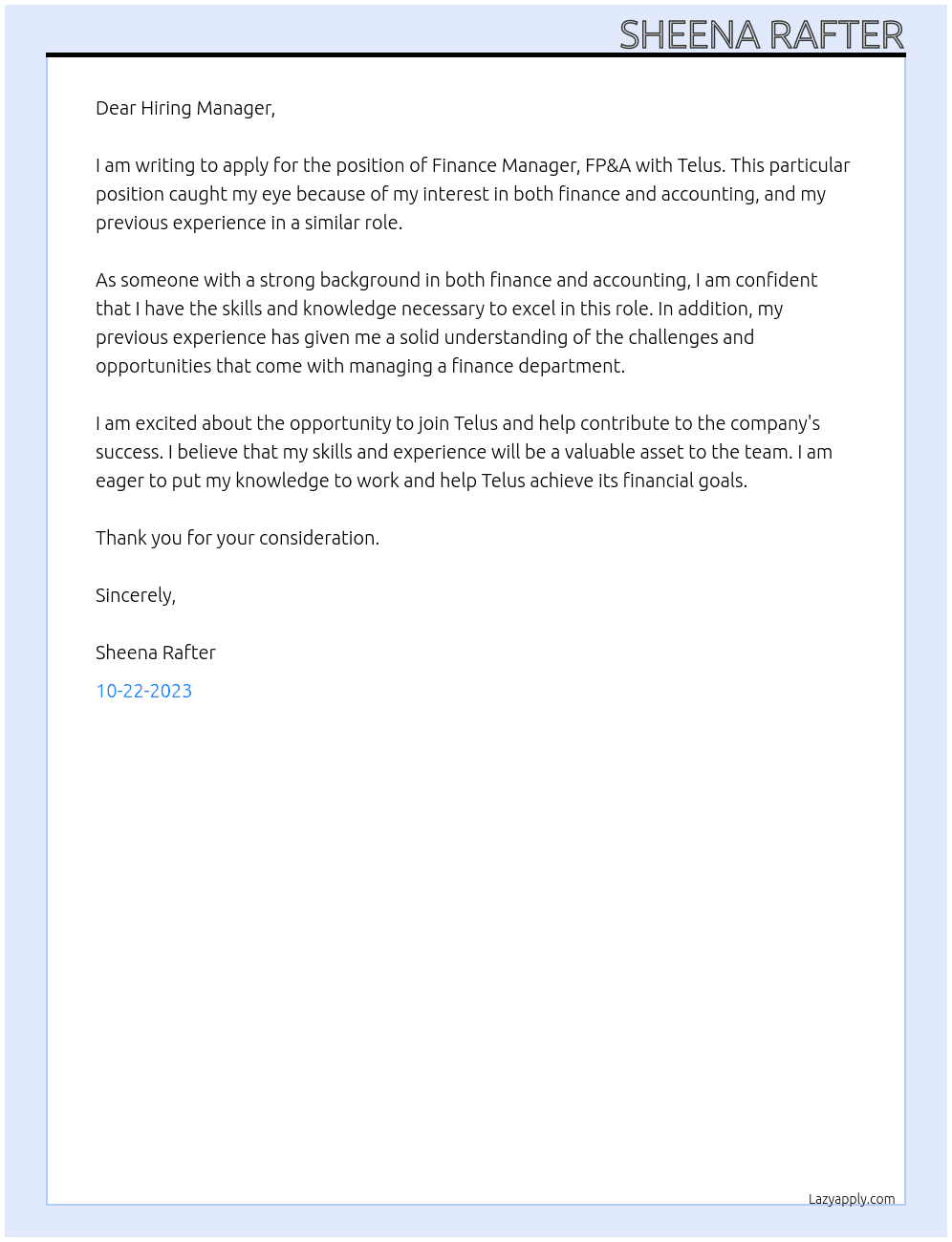 Finance Manager, FP&A At Telus Cover Letter