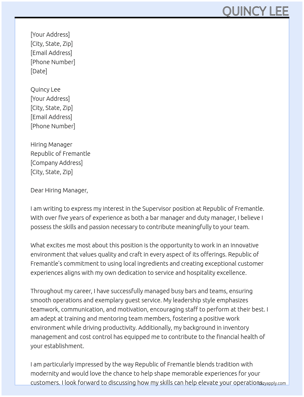 Supervisor At Republic of Fremantle Cover Letter