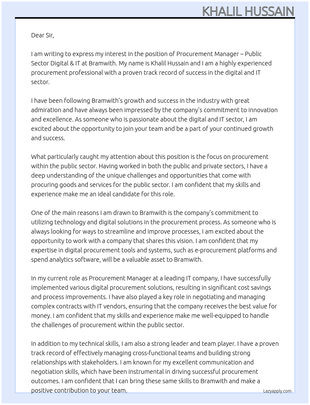 Procurement Manager – Public Sector Digital & IT At bramwith Cover Letter