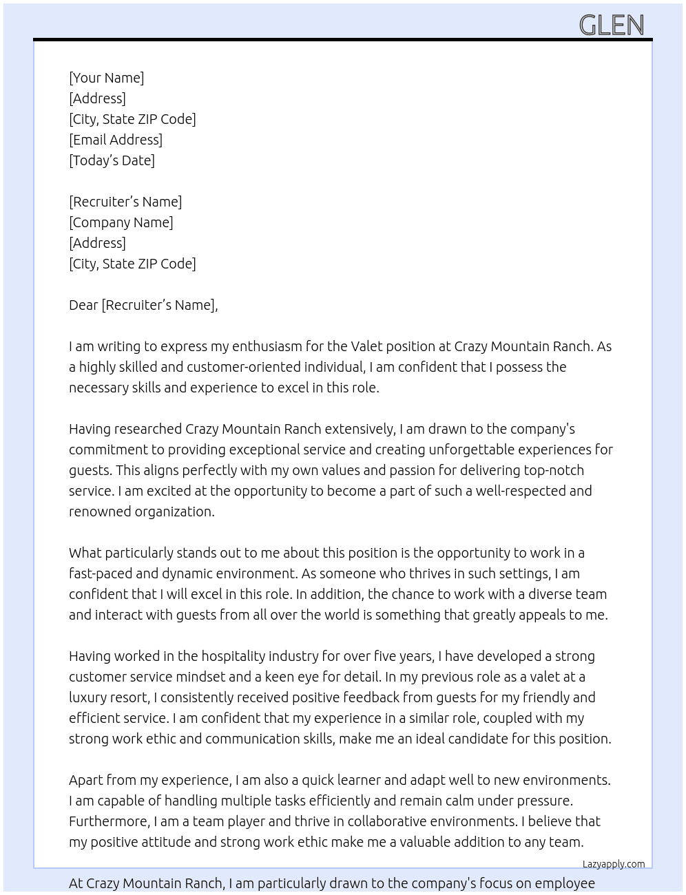 Cover letter for valet - LazyApply