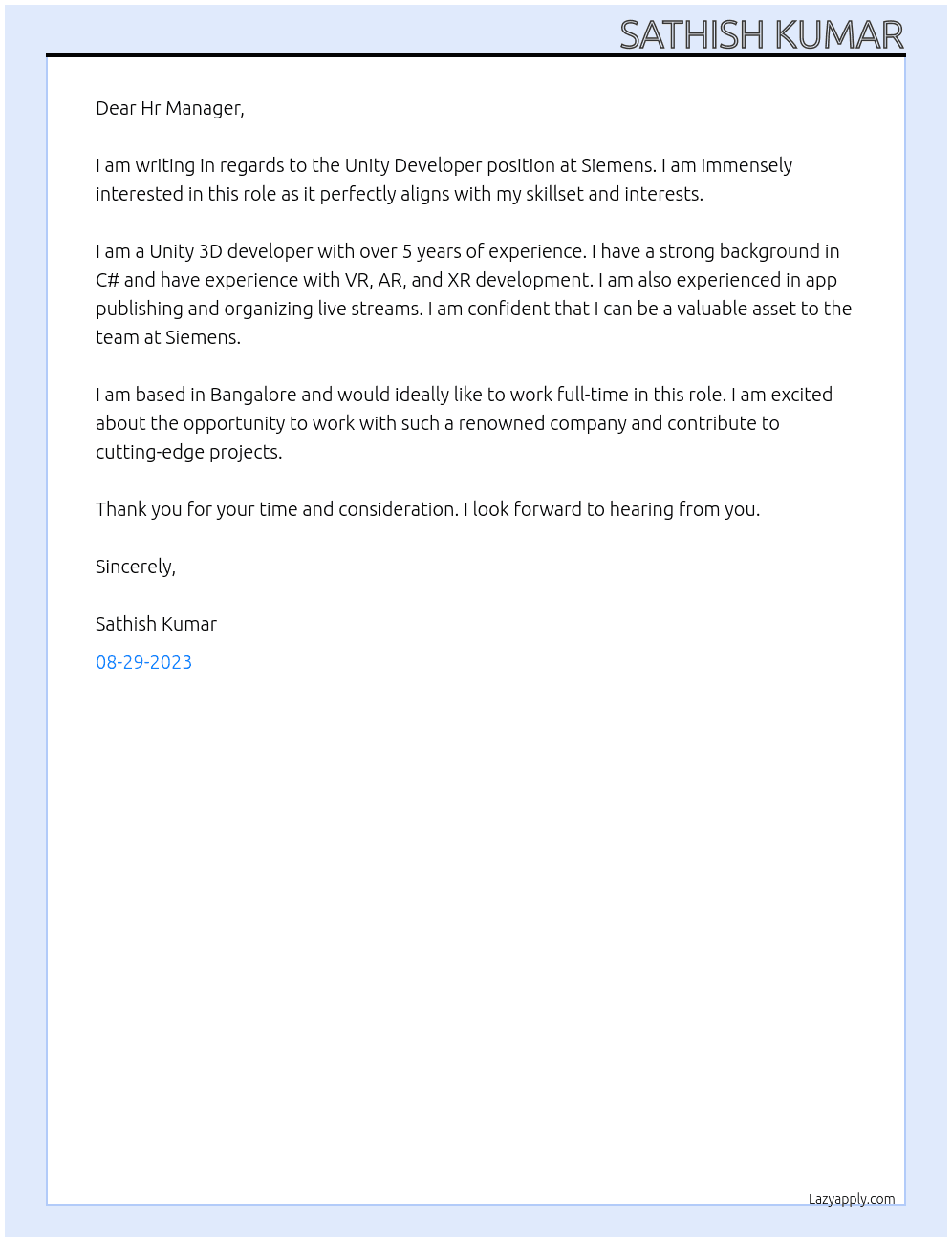unity developer At siemens Cover Letter