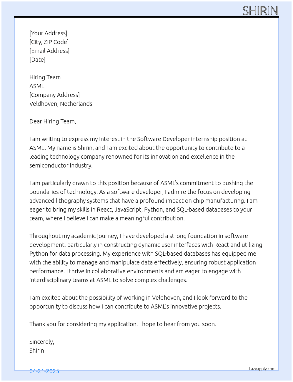 software developer At ASML Cover Letter