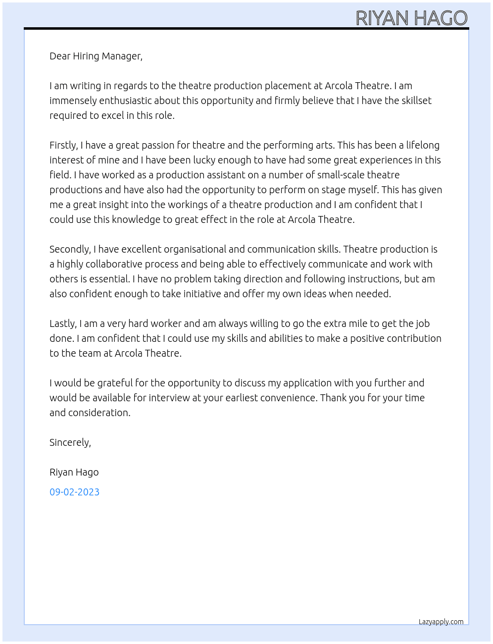 Theatre production placement At Arcola Theatre Cover Letter