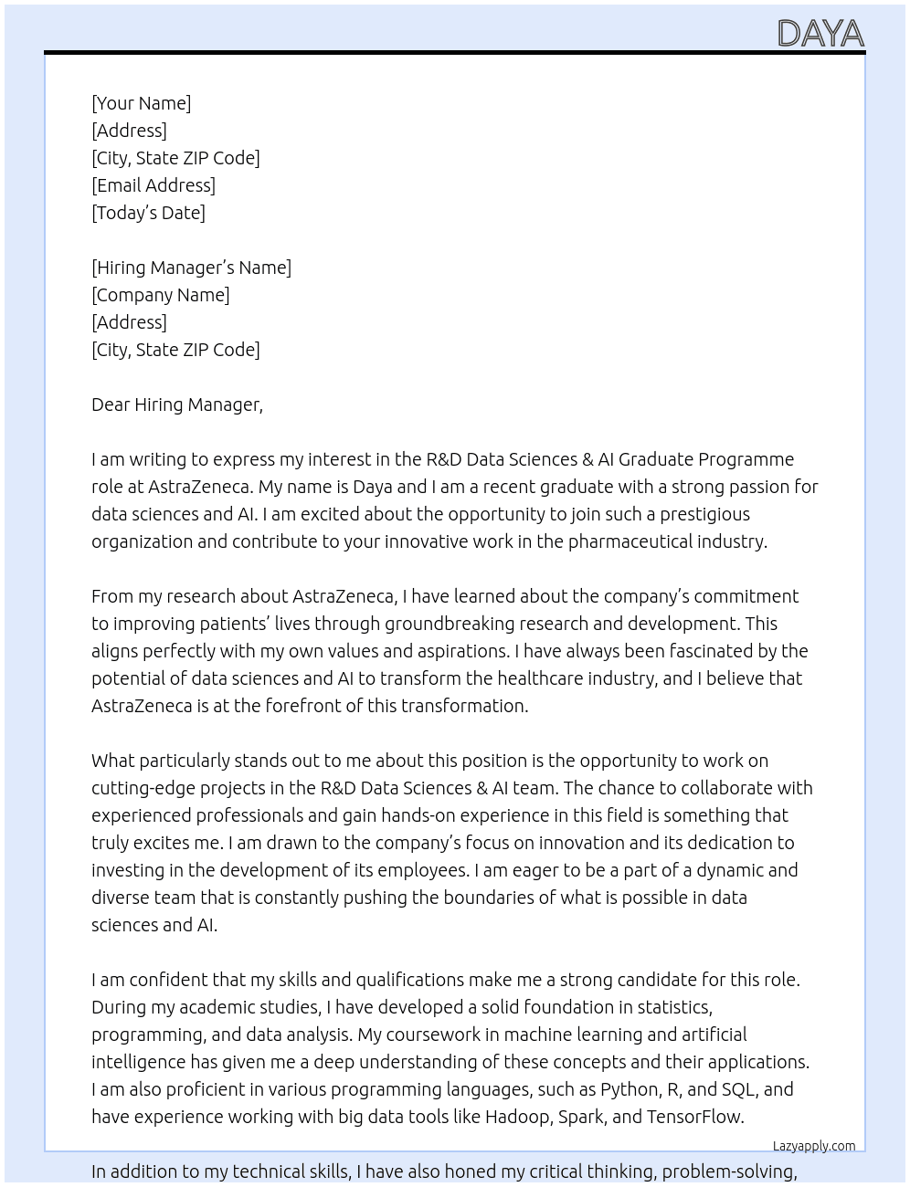 R&D Data Sciences & AI Graduate Programme - UK At AstraZeneca Cover Letter