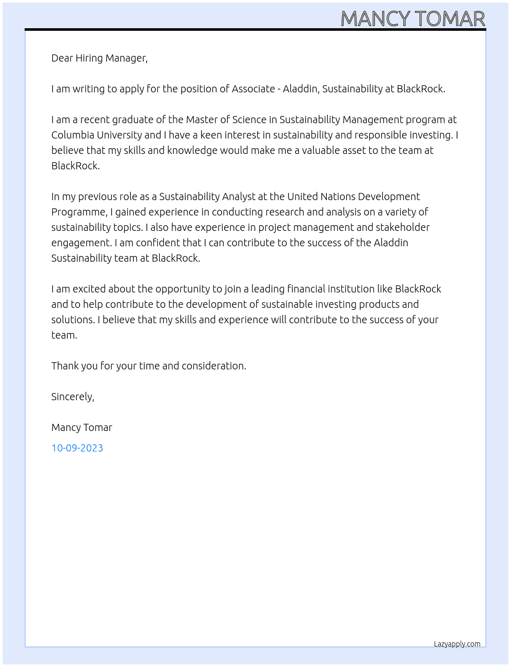 Associate - Aladdin, Sustainability At BlackRock Cover Letter