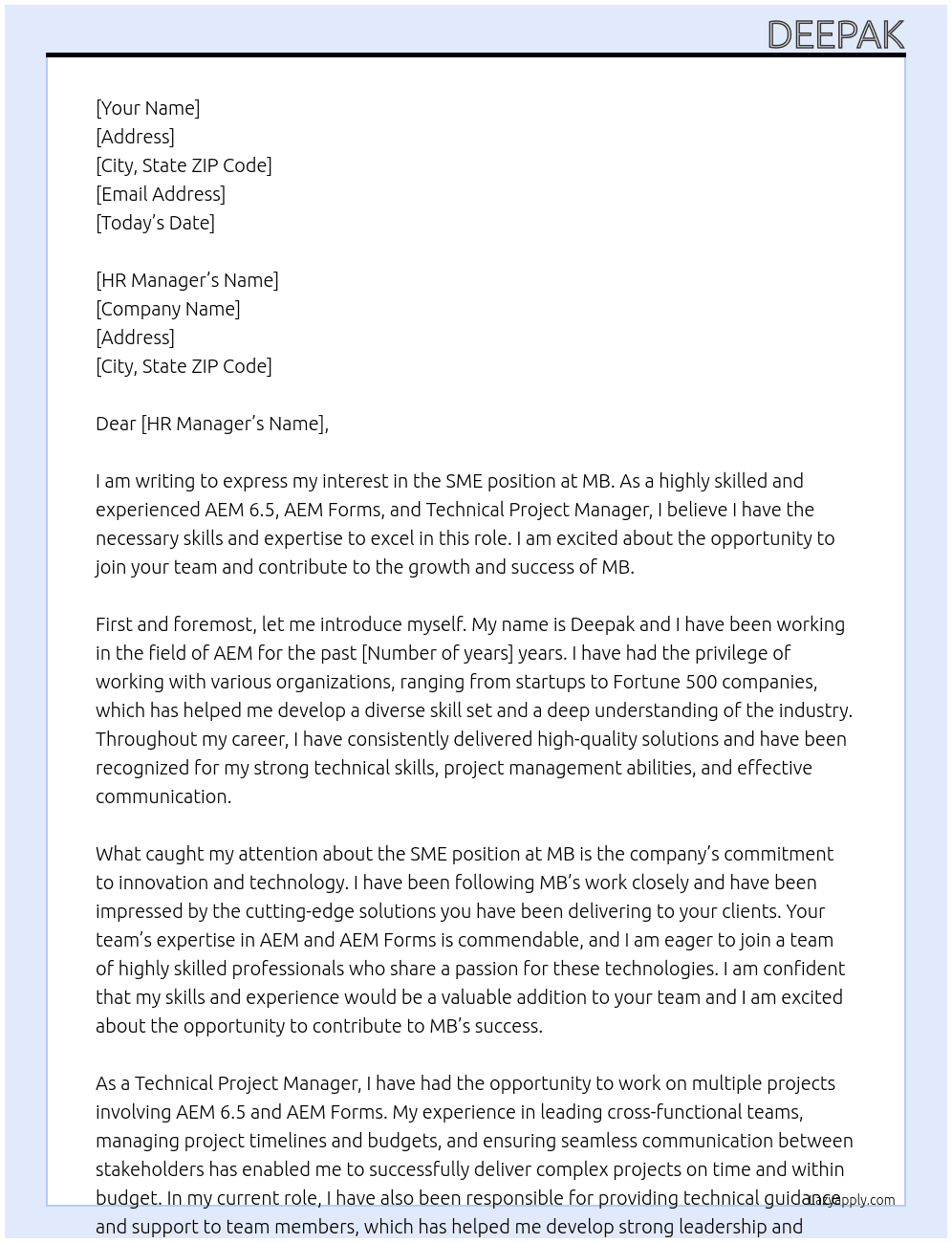 SME At MB Cover Letter