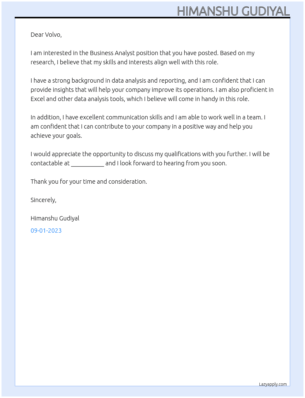 BUISNESS ANALYST At VOLVO Cover Letter