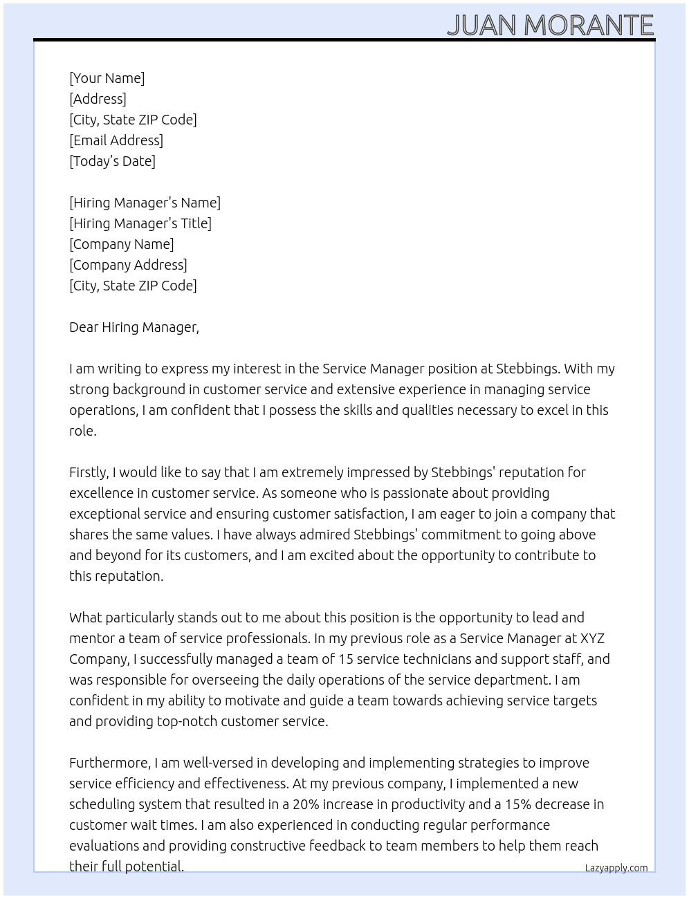 Service manager At Stebbings Cover Letter