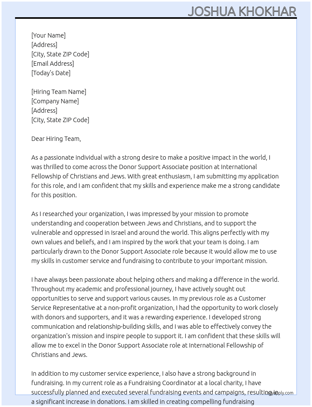 donor Support Associate At International Fellowship of Christians and Jews Cover Letter