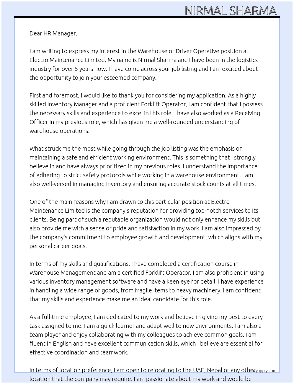 Warehouse or sriver operative At ELECTRO MAINTENANCE LIMITED Cover Letter