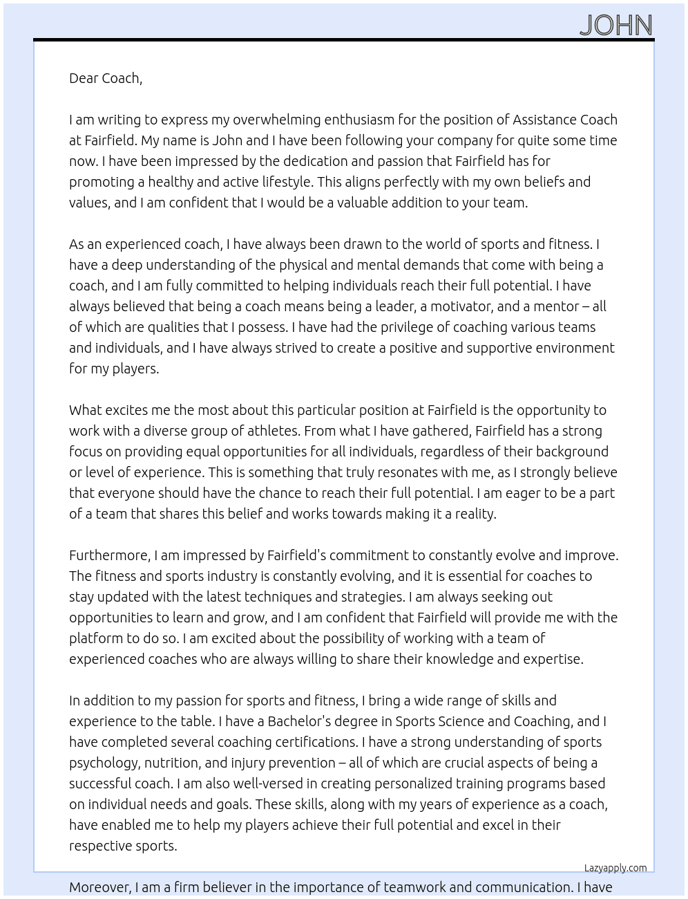 Assistance Coach At Fairfield Cover Letter