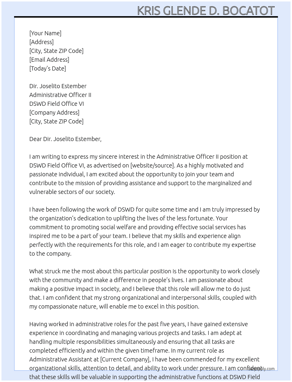 ADMINISTRATIVE OFFICER II At DSWD FIELD OFFICE VI  Cover Letter